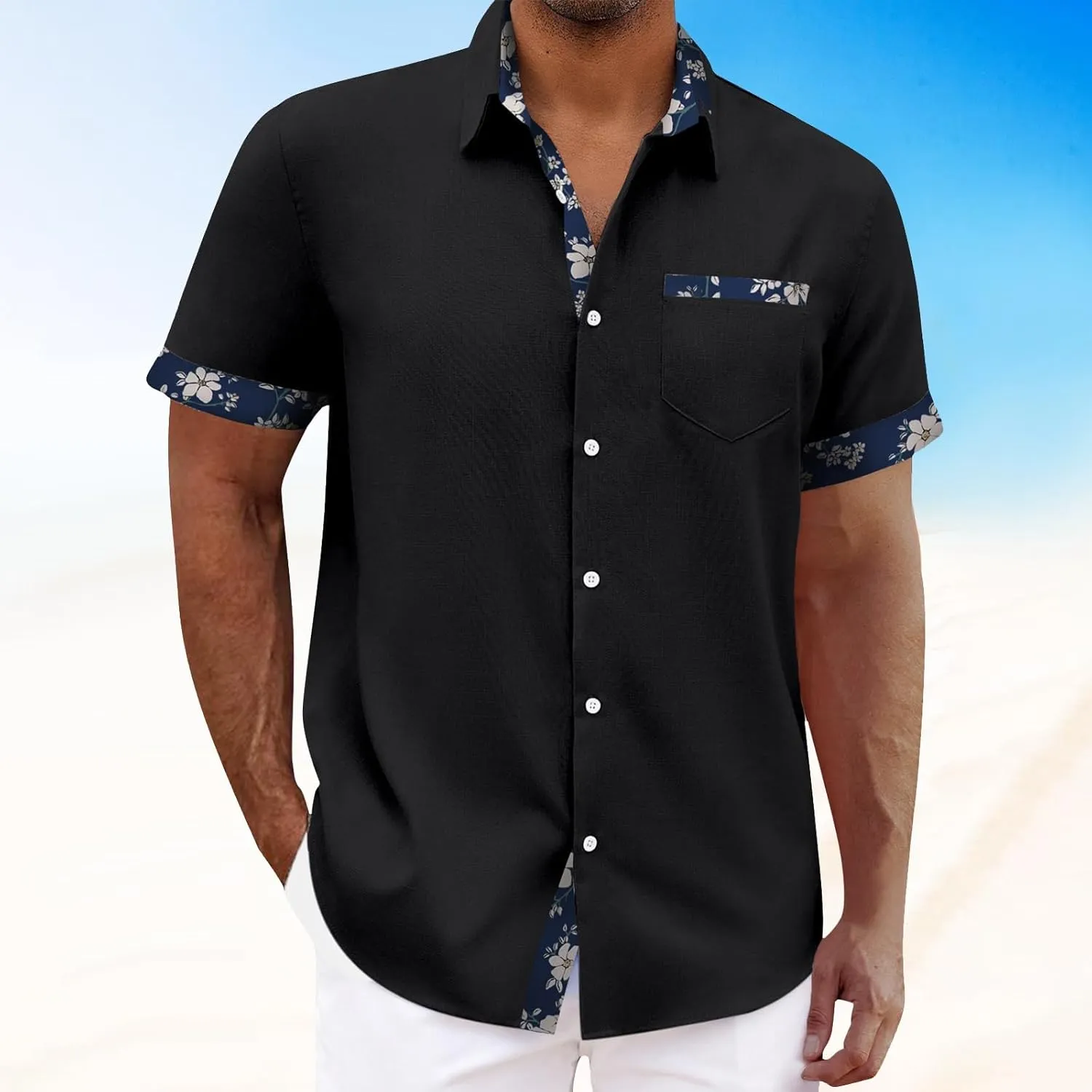 Hawaiian Shirt for Men Button Down Short Sleeve Casual Loose V Neck Blouses Summer Beach Vacation Shirts with Pocket
