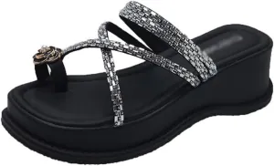 HBJWOV Pearl Rhinestone Sandals for External Wear with Toe Cuffs Beach Thick Soles and Sloping Heels