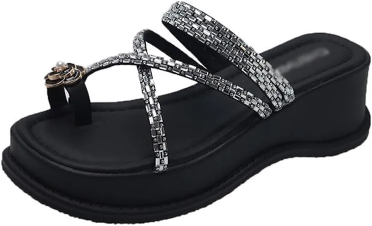 HBJWOV Pearl Rhinestone Sandals for External Wear with Toe Cuffs Beach Thick Soles and Sloping Heels