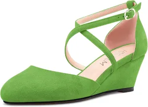 HDEUOLM Women Mid Wedge Heel Close Round Toe Sandals Ankle Strap Cross-Strap Buckle Pumps Wedding Office Sexy 2.0 Inches Heels Shoes