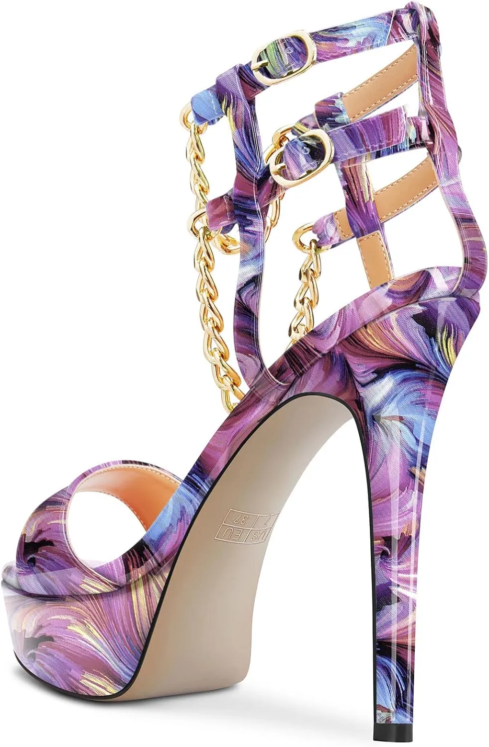 HDEUOLM Women Stiletto High Platform Heel Peep Open Toe Sandals Ankle Strap Metal Chain Party Dress 4.7 Inches Heels