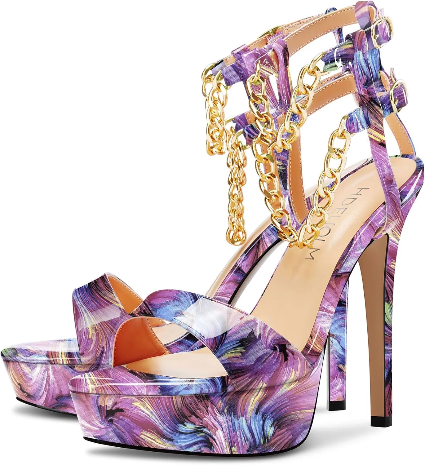 HDEUOLM Women Stiletto High Platform Heel Peep Open Toe Sandals Ankle Strap Metal Chain Party Dress 4.7 Inches Heels