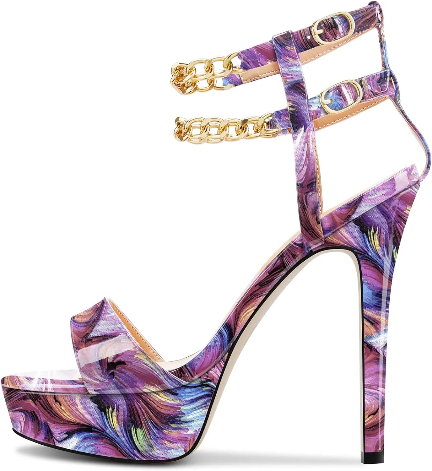 HDEUOLM Women Stiletto High Platform Heel Peep Open Toe Sandals Ankle Strap Metal Chain Party Dress 4.7 Inches Heels