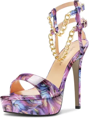 HDEUOLM Women Stiletto High Platform Heel Peep Open Toe Sandals Ankle Strap Metal Chain Party Dress 4.7 Inches Heels