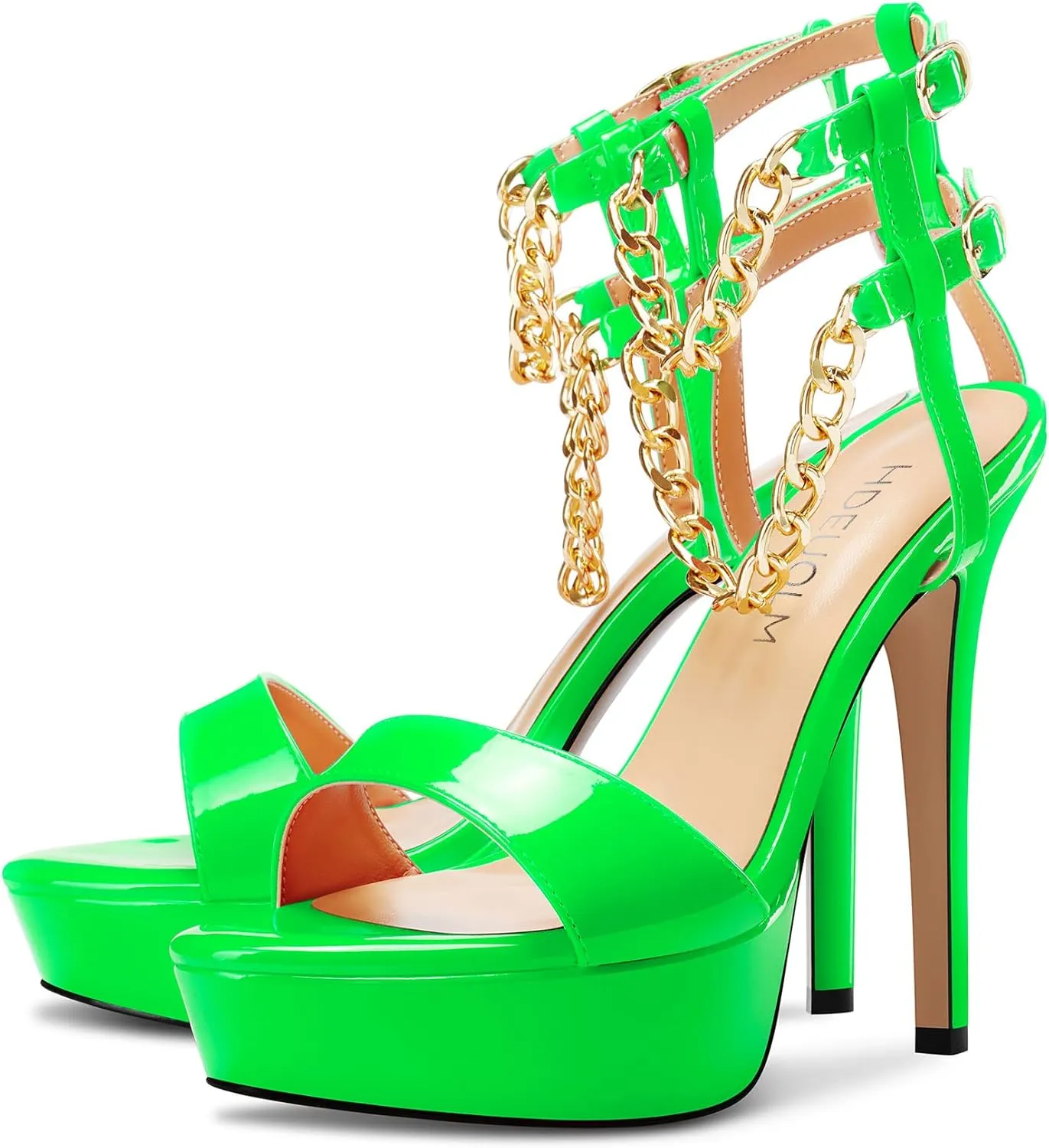 HDEUOLM Women Stiletto High Platform Heel Peep Open Toe Sandals Ankle Strap Metal Chain Party Dress 4.7 Inches Heels