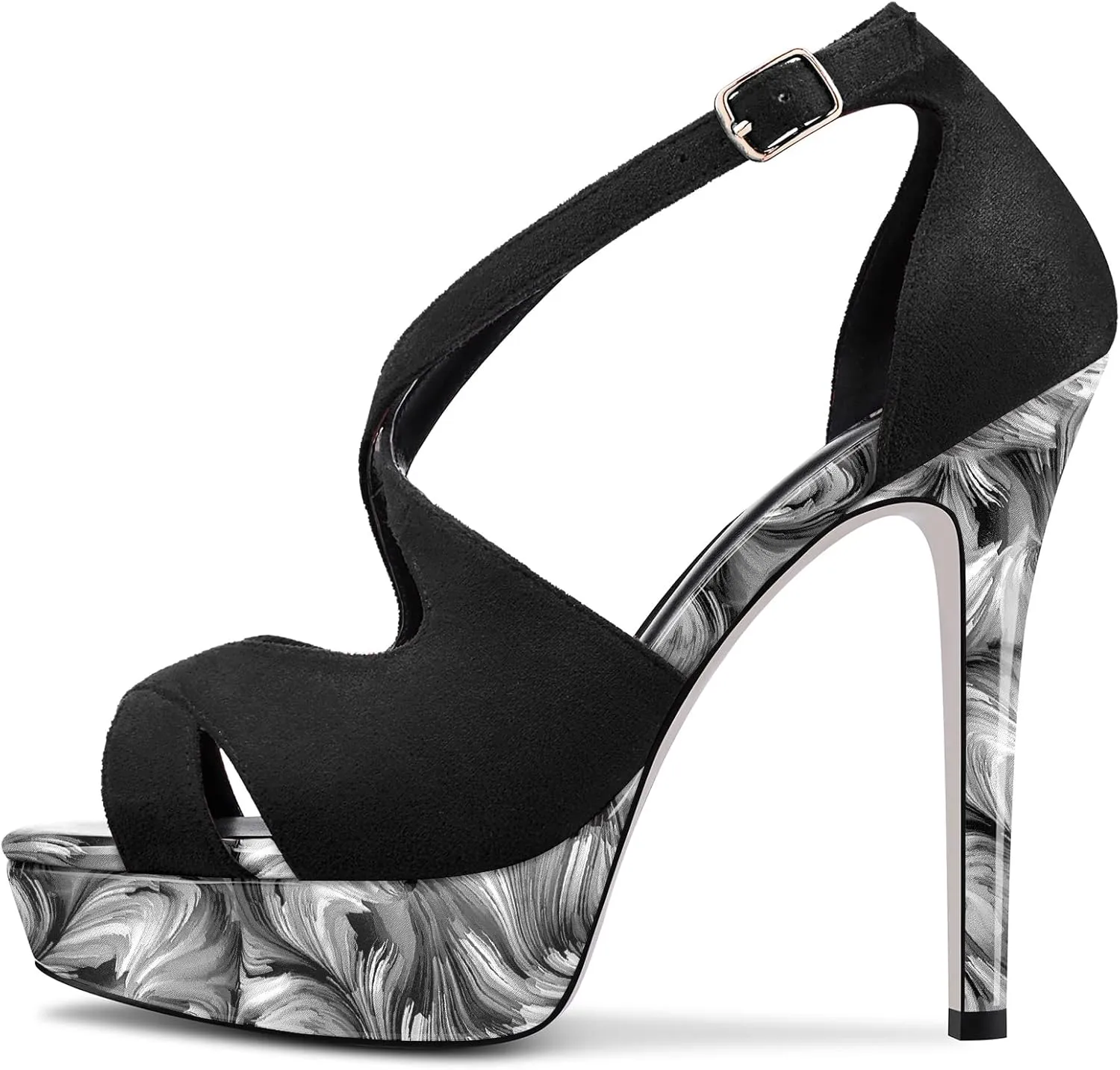 HDEUOLM Women Stiletto High Platform Heel Peep Open Toe Sandals Ankle Strap Wedding Dress 4.7 Inches Heels