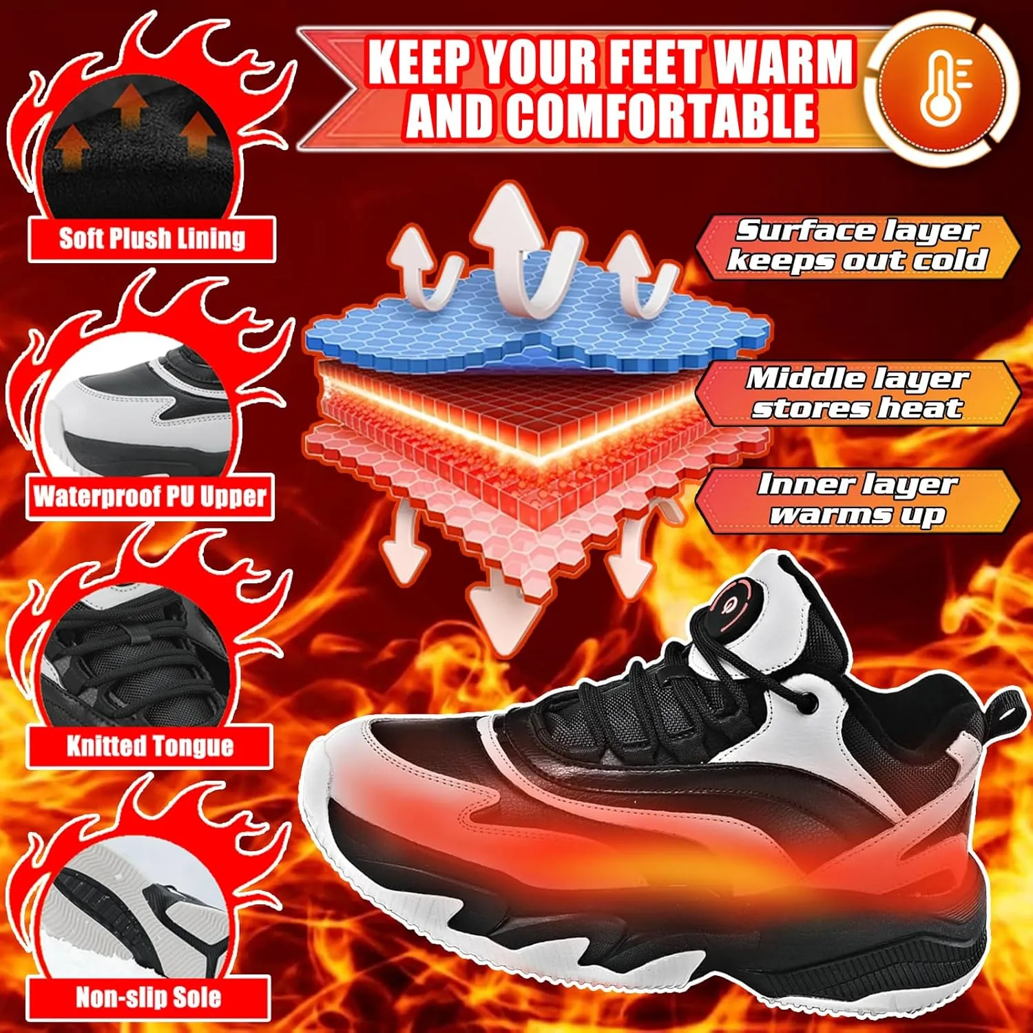 Heated Snow Sneakers for Men and Women, Electric Heating Shoes with Soft Warm Lining, Winter Sports Running Anti-Slip Comfortable Foot Warmer Shoes for Indoor/Outdoor