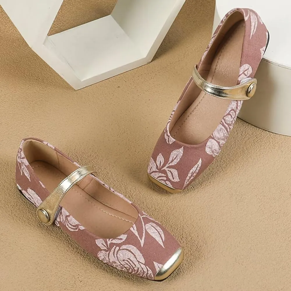 Hee grand Elegant Square Toe Mary Jane Shoes for Women Chinese Style Embroidered Flats with Ankle Strap