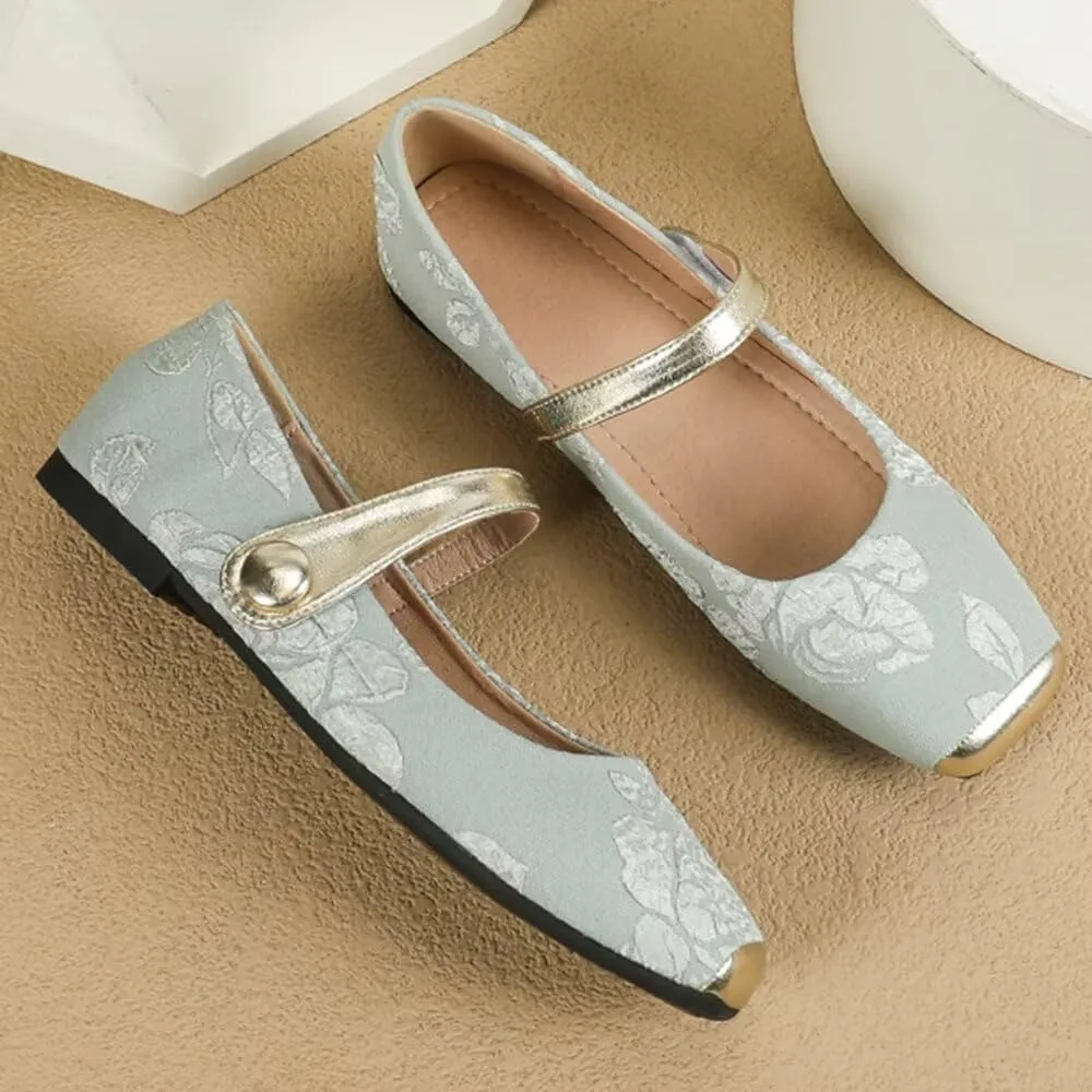 Hee grand Elegant Square Toe Mary Jane Shoes for Women Chinese Style Embroidered Flats with Ankle Strap