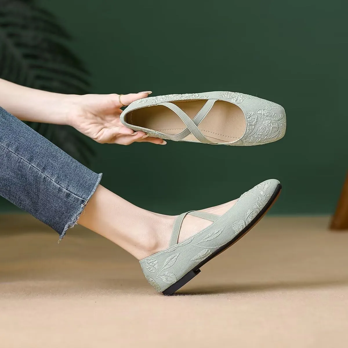 Hee grand Elegant Square Toe Mary Jane Shoes for Women Chinese Style Embroidered Flats with Ankle Strap