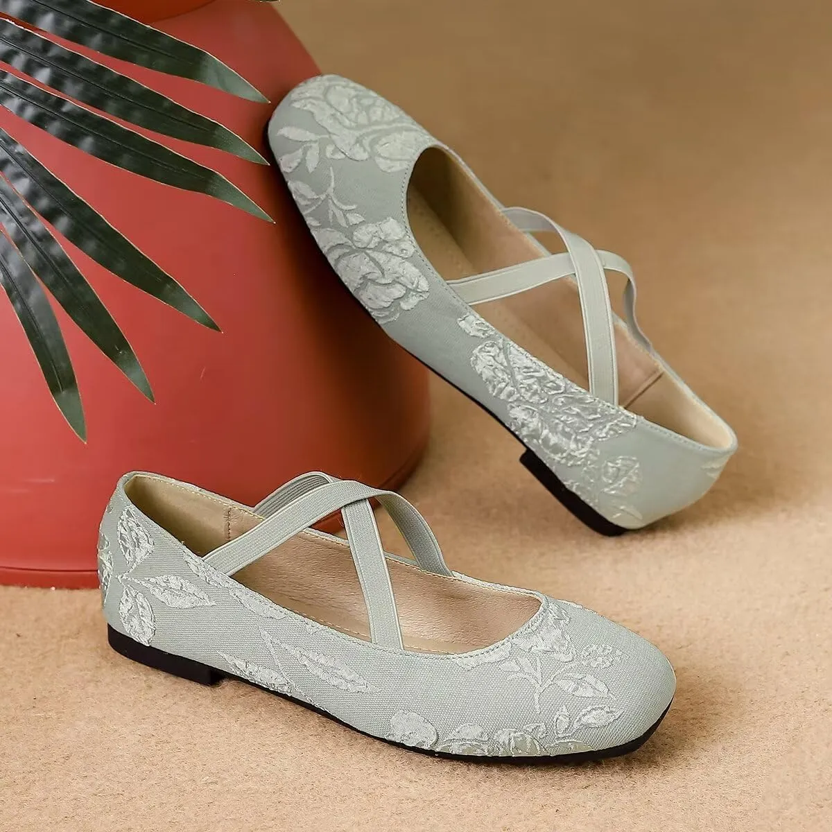 Hee grand Elegant Square Toe Mary Jane Shoes for Women Chinese Style Embroidered Flats with Ankle Strap