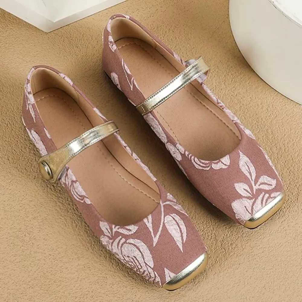 Hee grand Elegant Square Toe Mary Jane Shoes for Women Chinese Style Embroidered Flats with Ankle Strap