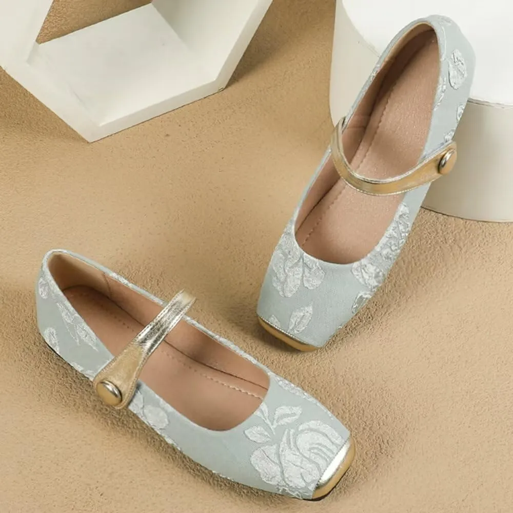 Hee grand Elegant Square Toe Mary Jane Shoes for Women Chinese Style Embroidered Flats with Ankle Strap