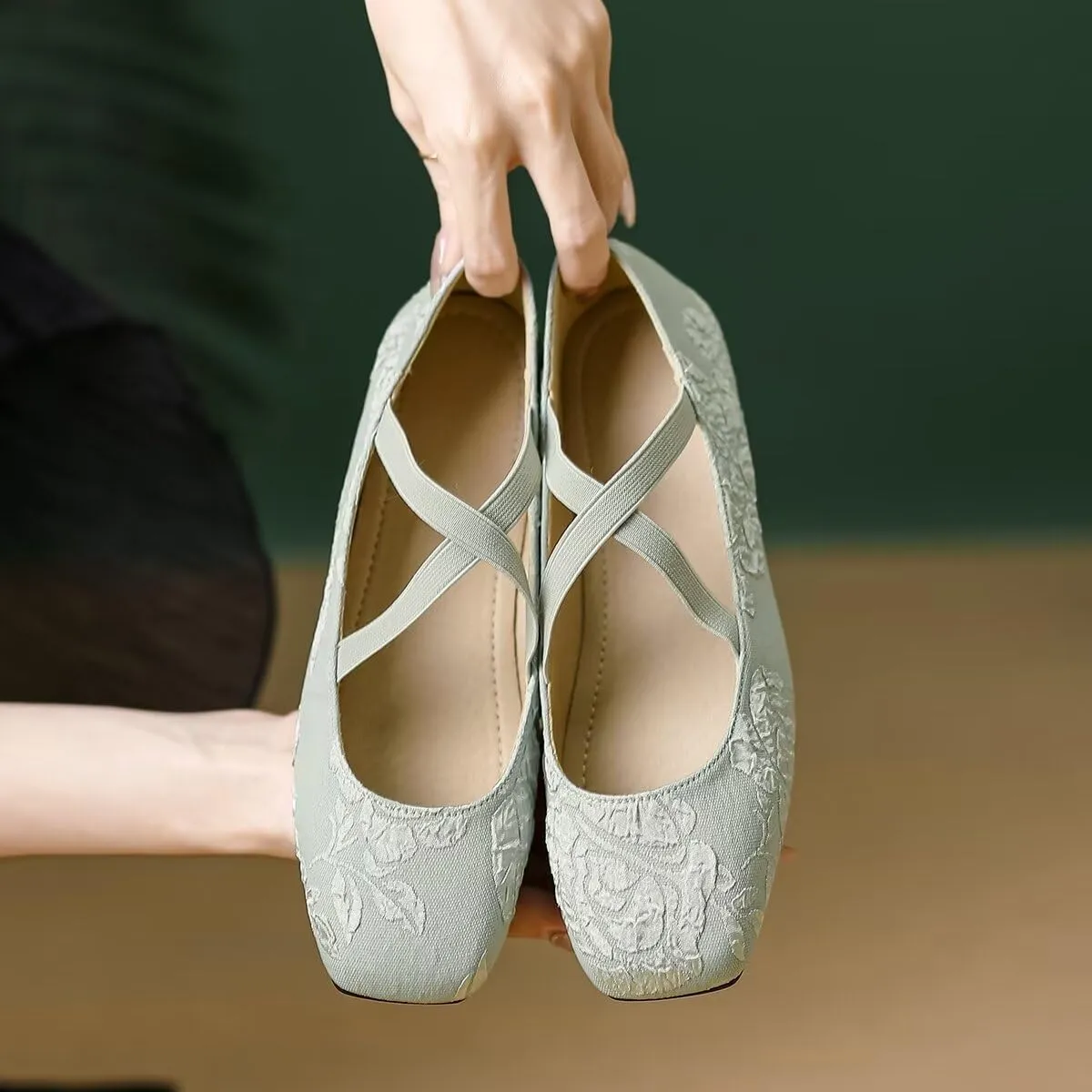 Hee grand Elegant Square Toe Mary Jane Shoes for Women Chinese Style Embroidered Flats with Ankle Strap