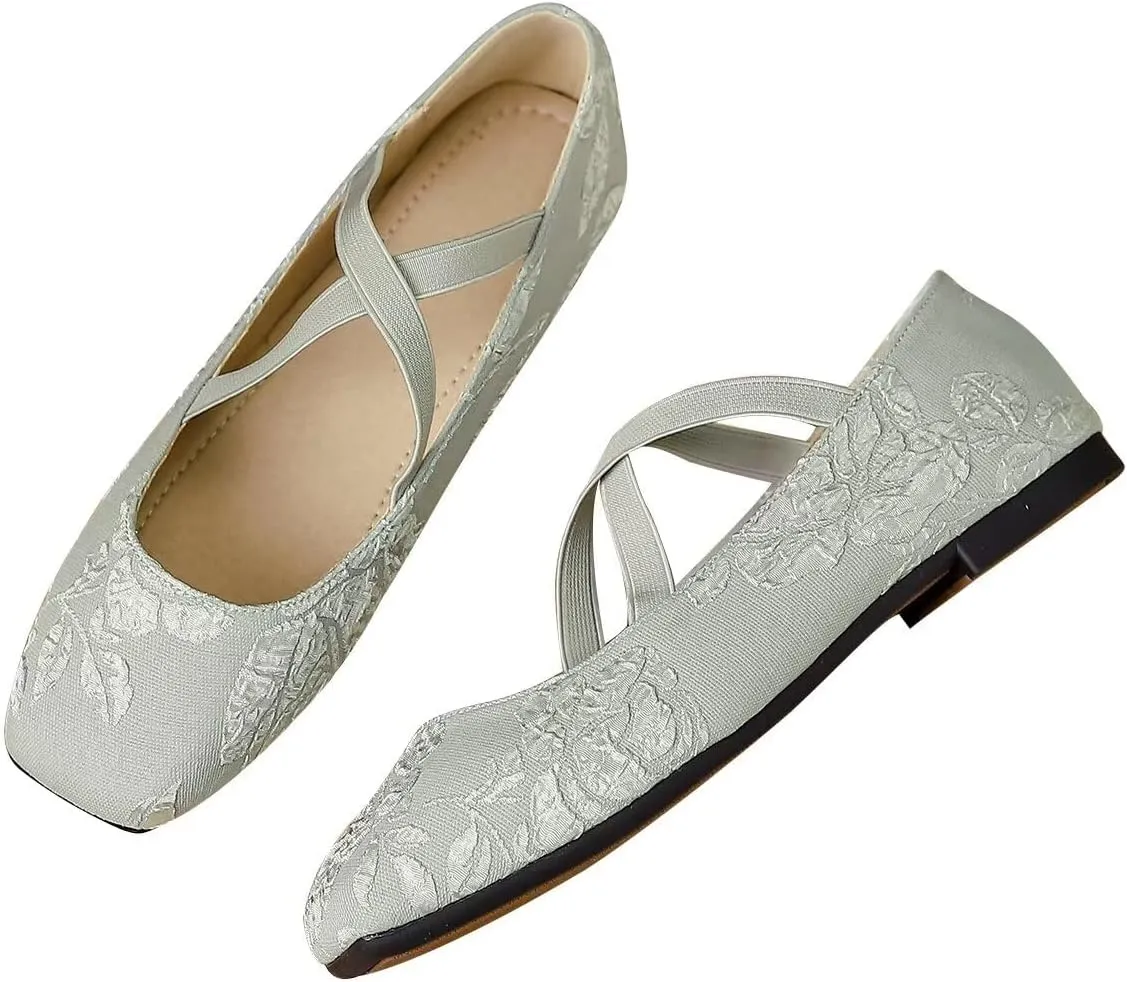 Hee grand Elegant Square Toe Mary Jane Shoes for Women Chinese Style Embroidered Flats with Ankle Strap