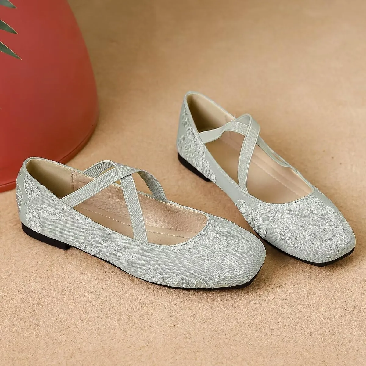Hee grand Elegant Square Toe Mary Jane Shoes for Women Chinese Style Embroidered Flats with Ankle Strap