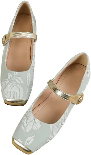 Hee grand Elegant Square Toe Mary Jane Shoes for Women Chinese Style Embroidered Flats with Ankle Strap