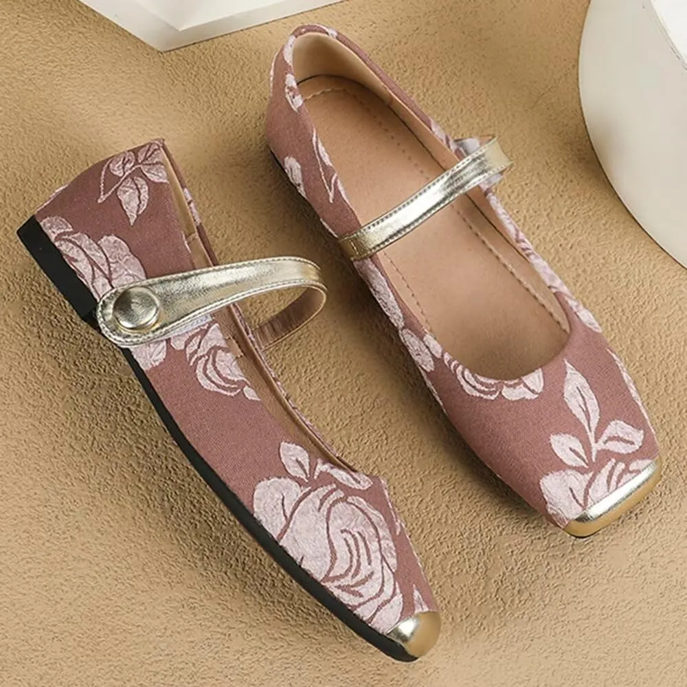 Hee grand Elegant Square Toe Mary Jane Shoes for Women Chinese Style Embroidered Flats with Ankle Strap