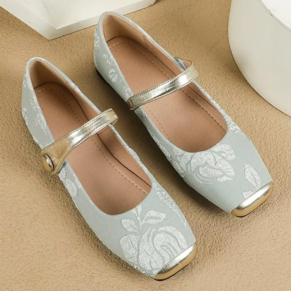 Hee grand Elegant Square Toe Mary Jane Shoes for Women Chinese Style Embroidered Flats with Ankle Strap