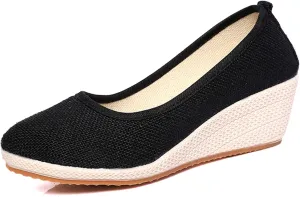 Hee grand Women Wedges Heeled Shoes Chinese Style Embroidered Shoes Comfort Cotton and Linen Slip On Walking Shoes