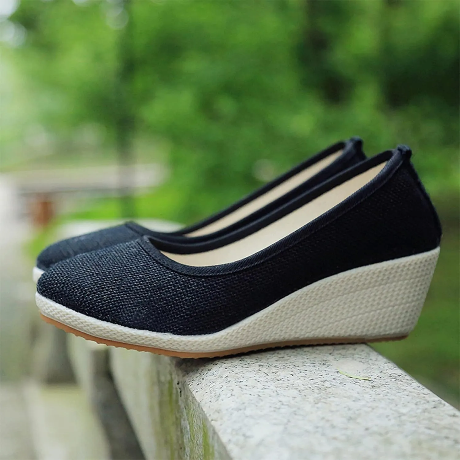 Hee grand Women Wedges Heeled Shoes Chinese Style Embroidered Shoes Comfort Cotton and Linen Slip On Walking Shoes