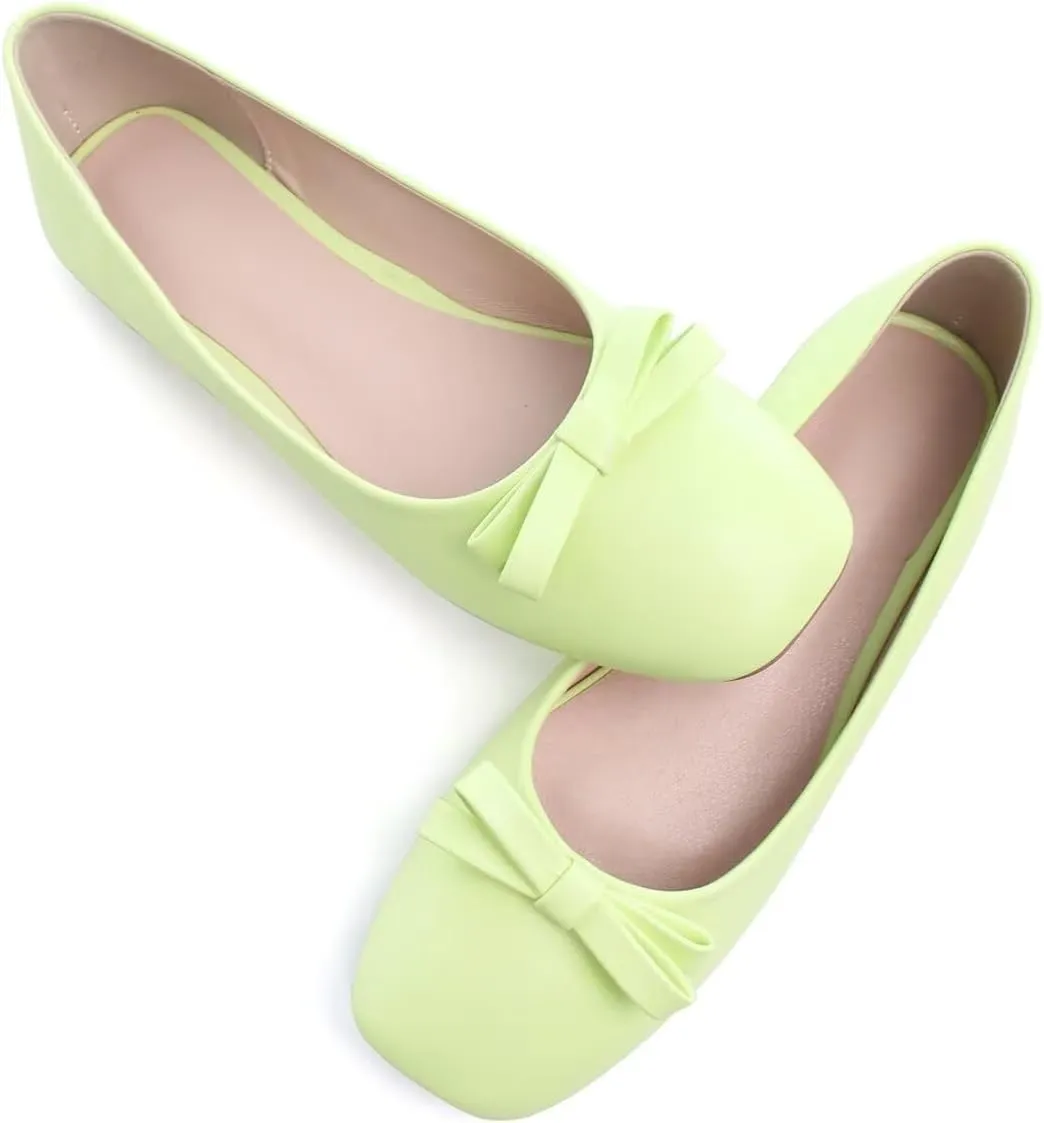 Hee grand Womens Bowknot Square Toe Ballet Flats Casual Slip-On Loafers Comfort Light Weight Walking Flats PU Leather Dress Shoes