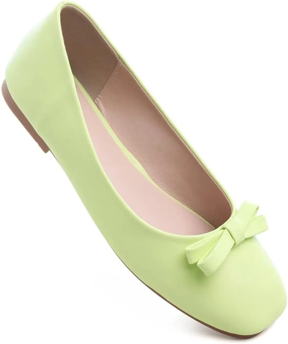 Hee grand Womens Bowknot Square Toe Ballet Flats Casual Slip-On Loafers Comfort Light Weight Walking Flats PU Leather Dress Shoes