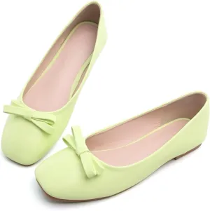 Hee grand Womens Bowknot Square Toe Ballet Flats Casual Slip-On Loafers Comfort Light Weight Walking Flats PU Leather Dress Shoes