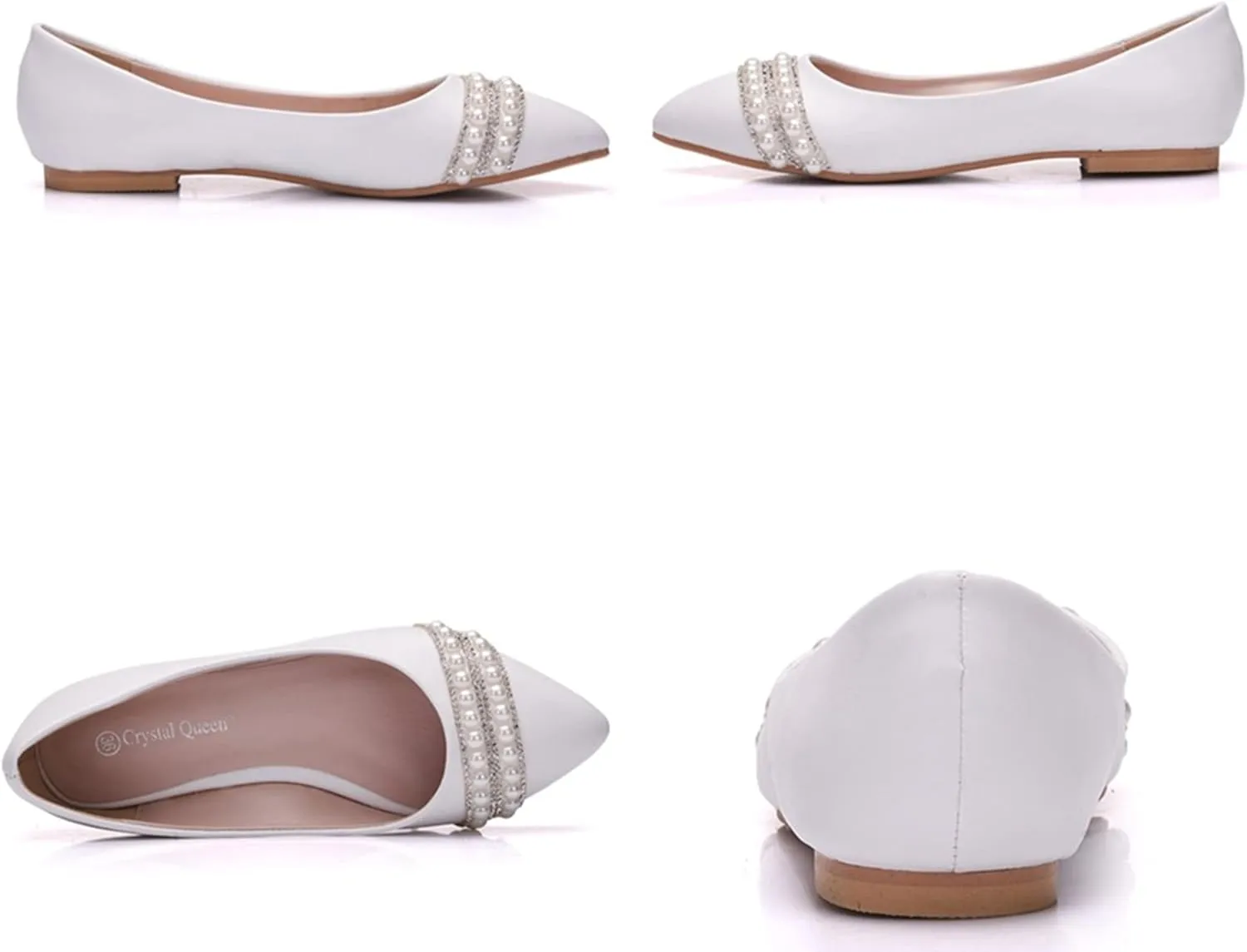 Hee grand Women's Crystal White Wedding Shoes Rhinestone Beaded Pointed Toe Slip On Ballet Flats Shoes for Bride and Bridesmaid