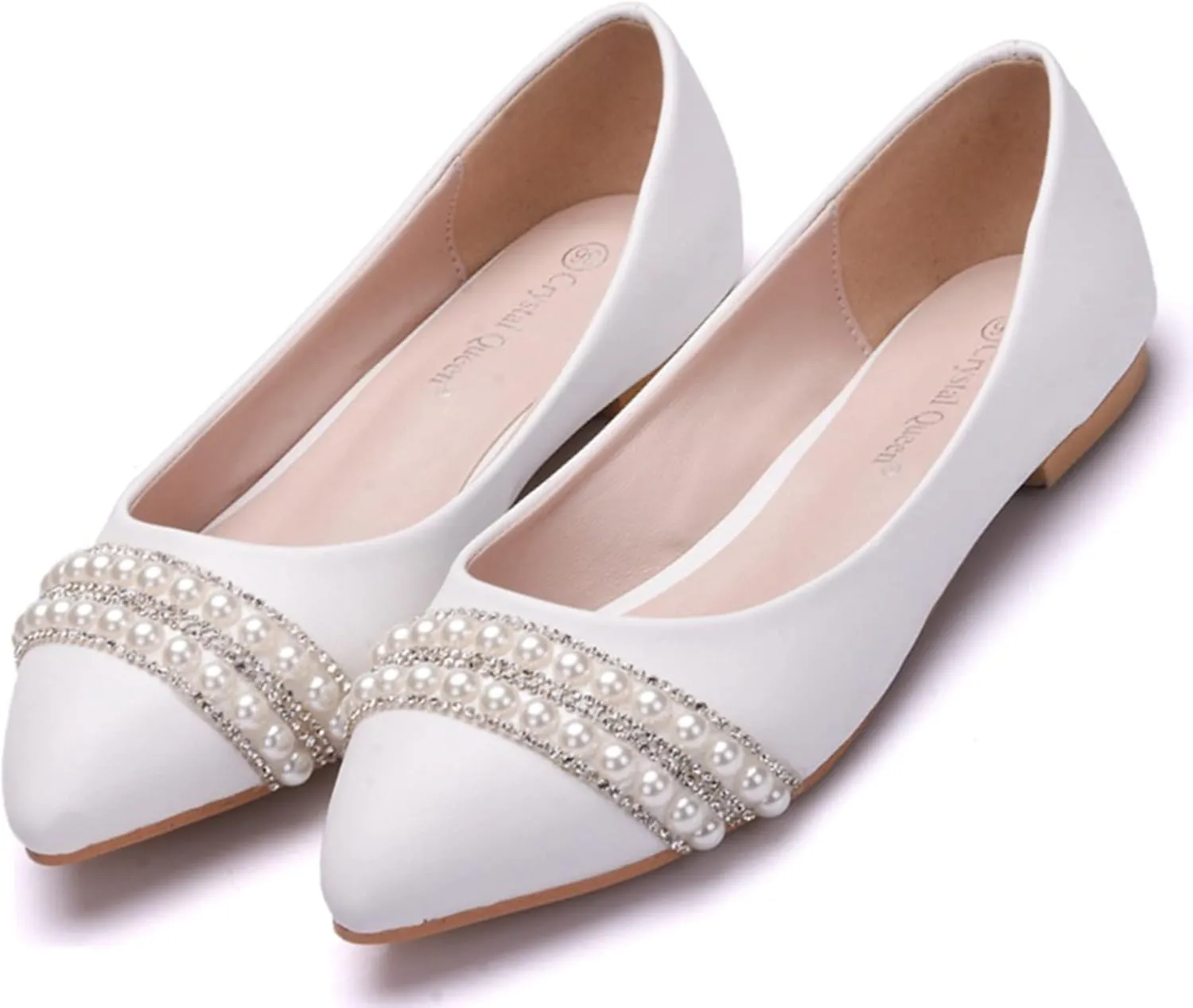 Hee grand Women's Crystal White Wedding Shoes Rhinestone Beaded Pointed Toe Slip On Ballet Flats Shoes for Bride and Bridesmaid