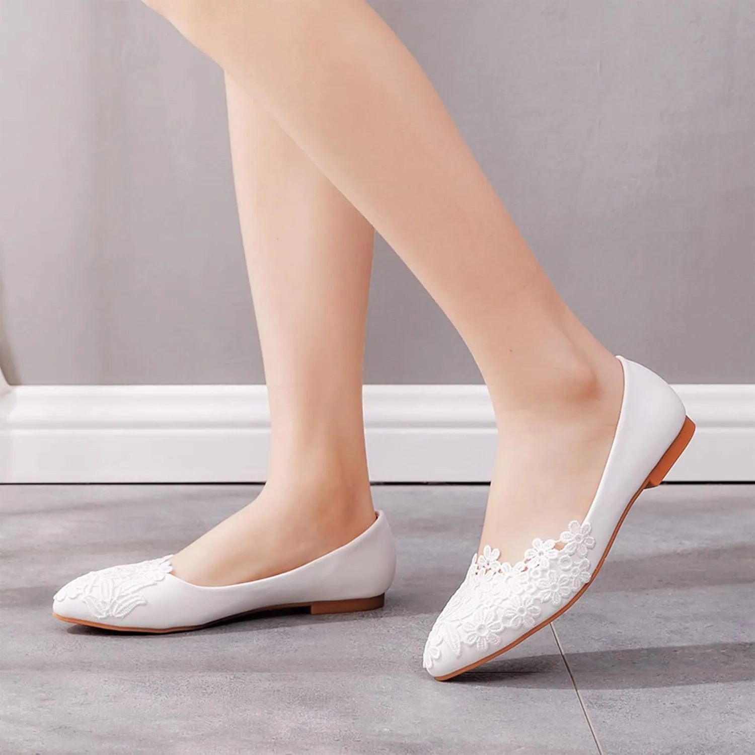 Hee grand Women's Crystal White Wedding Shoes Rhinestone Beaded Pointed Toe Slip On Ballet Flats Shoes for Bride and Bridesmaid