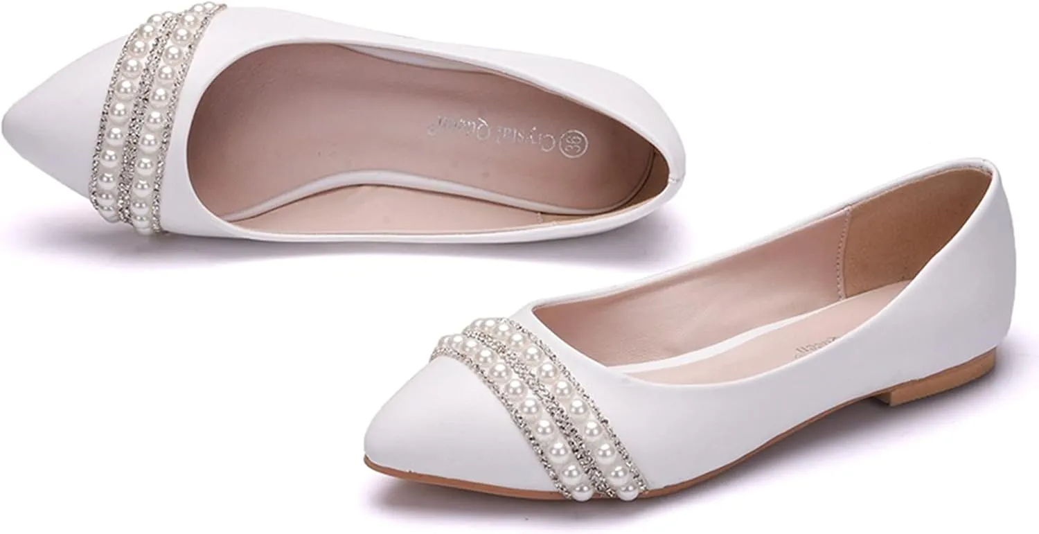 Hee grand Women's Crystal White Wedding Shoes Rhinestone Beaded Pointed Toe Slip On Ballet Flats Shoes for Bride and Bridesmaid