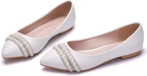 Hee grand Women's Crystal White Wedding Shoes Rhinestone Beaded Pointed Toe Slip On Ballet Flats Shoes for Bride and Bridesmaid
