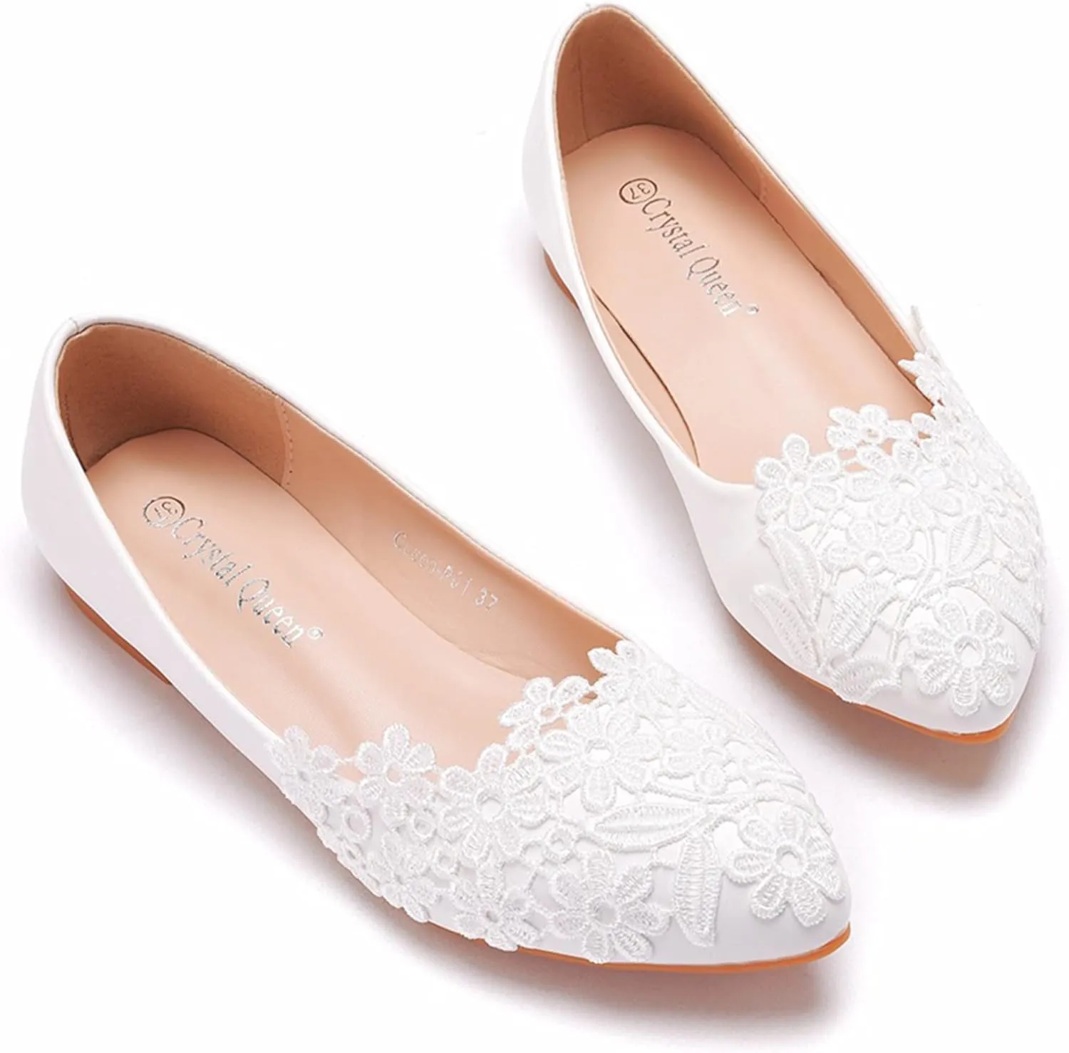 Hee grand Women's Crystal White Wedding Shoes Rhinestone Beaded Pointed Toe Slip On Ballet Flats Shoes for Bride and Bridesmaid