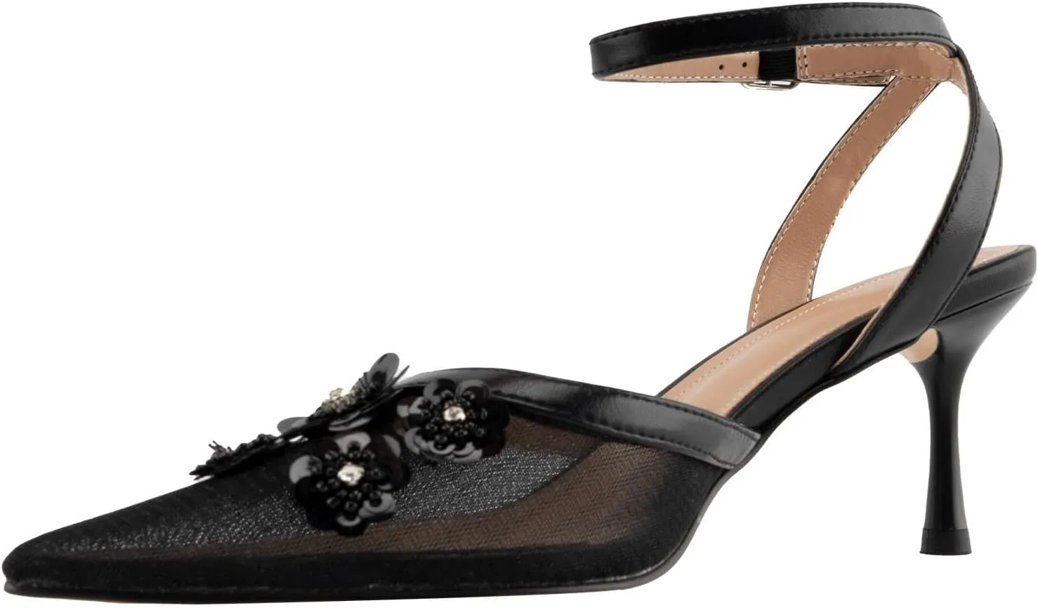 heelchic Mesh Slingback Pumps Kitten Heels for Women, Mesh Closed Toe with Floral Pumps Ankle Strap Stiletto Slip On Comfortable Dressy Shoes