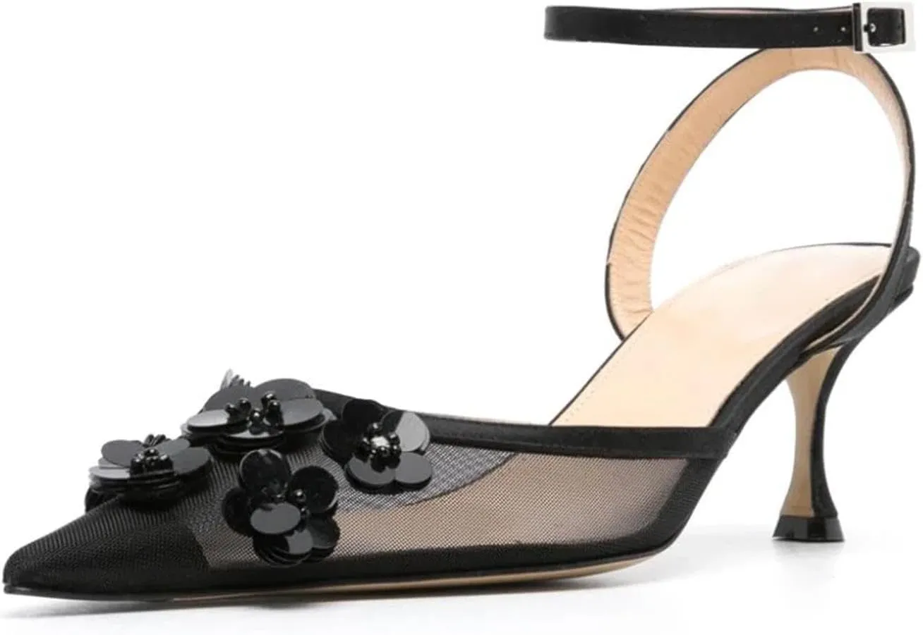 heelchic Mesh Slingback Pumps Kitten Heels for Women, Mesh Closed Toe with Floral Pumps Ankle Strap Stiletto Slip On Comfortable Dressy Shoes