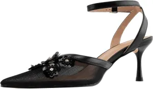 heelchic Mesh Slingback Pumps Kitten Heels for Women, Mesh Closed Toe with Floral Pumps Ankle Strap Stiletto Slip On Comfortable Dressy Shoes