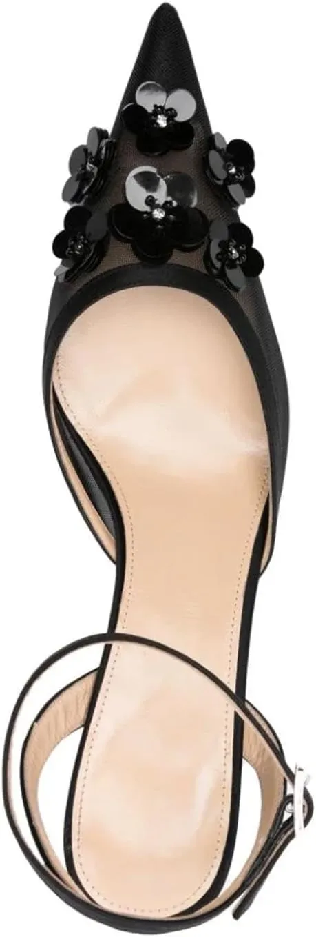heelchic Mesh Slingback Pumps Kitten Heels for Women, Mesh Closed Toe with Floral Pumps Ankle Strap Stiletto Slip On Comfortable Dressy Shoes