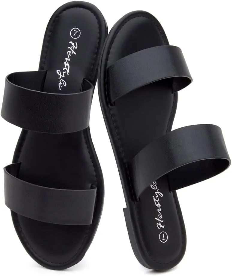 Herstyle Women’s Flat Sandals – Two Strap Comfortable Slides with Memory Foam, Trendy 2025 Summer Sandals, Lightweight Slip-On Open Toe Dressy & Casual Slippers for Women