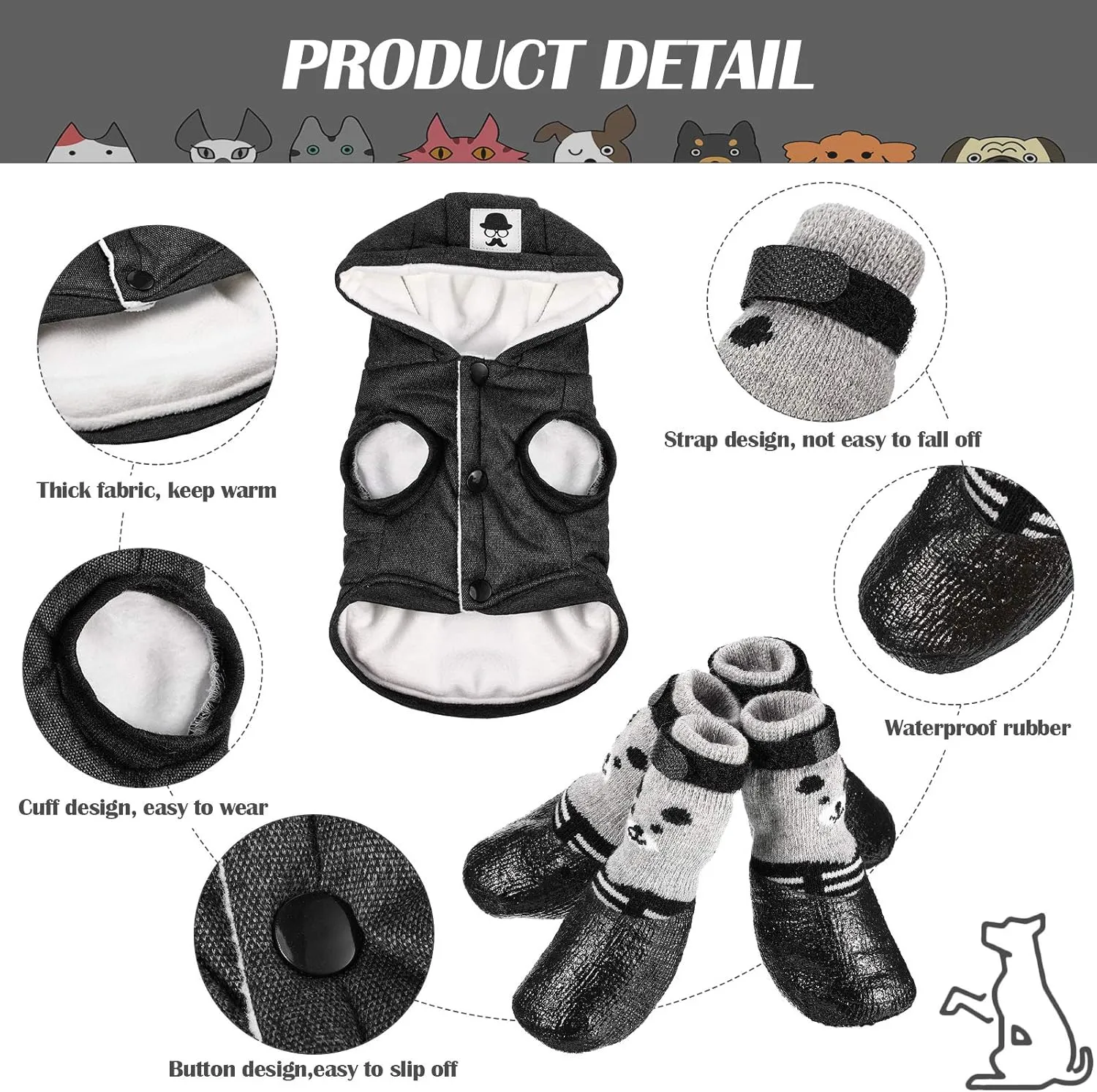 Hooded Dog Coat and Dog Cat Boots Shoes Socks Stylish Puppy Clothes Pet Jacket Waterproof Pet Shoes for Small Puppy (Black, S)