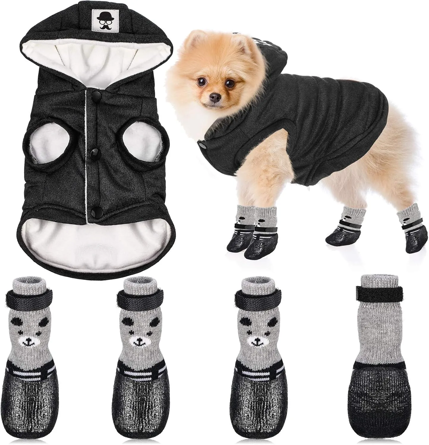 Hooded Dog Coat and Dog Cat Boots Shoes Socks Stylish Puppy Clothes Pet Jacket Waterproof Pet Shoes for Small Puppy (Black, S)