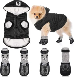 Hooded Dog Coat and Dog Cat Boots Shoes Socks Stylish Puppy Clothes Pet Jacket Waterproof Pet Shoes for Small Puppy (Black, S)