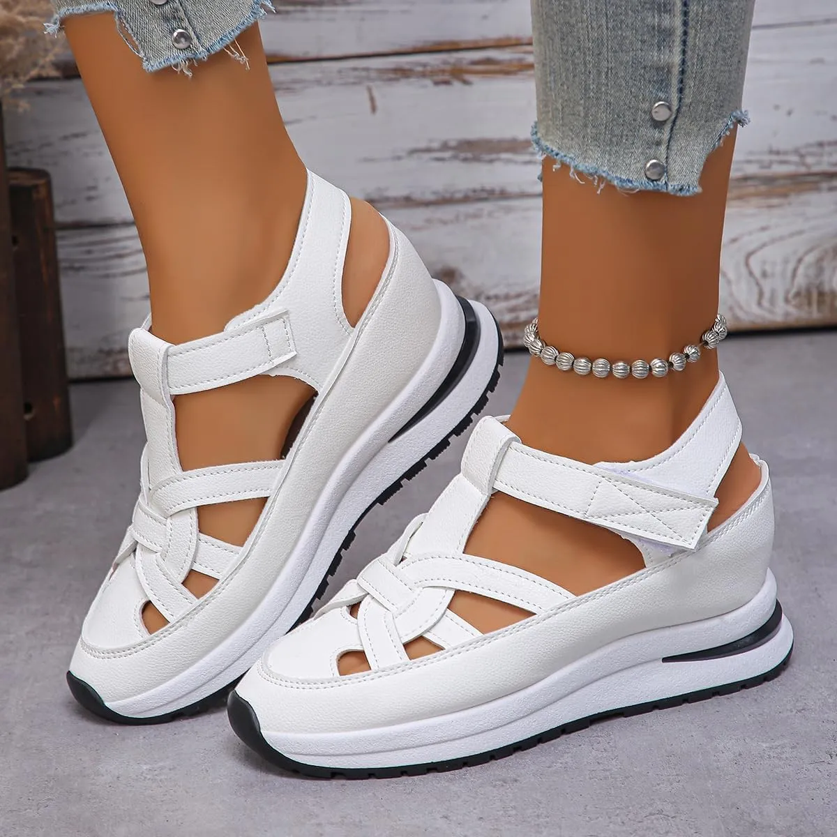 HUIQINGLI Hollow Out Breathable Platform Wedge Sandals Sneakers, Women's Leather Closed Toe Comfortable Casual Stylish Roman Sandals