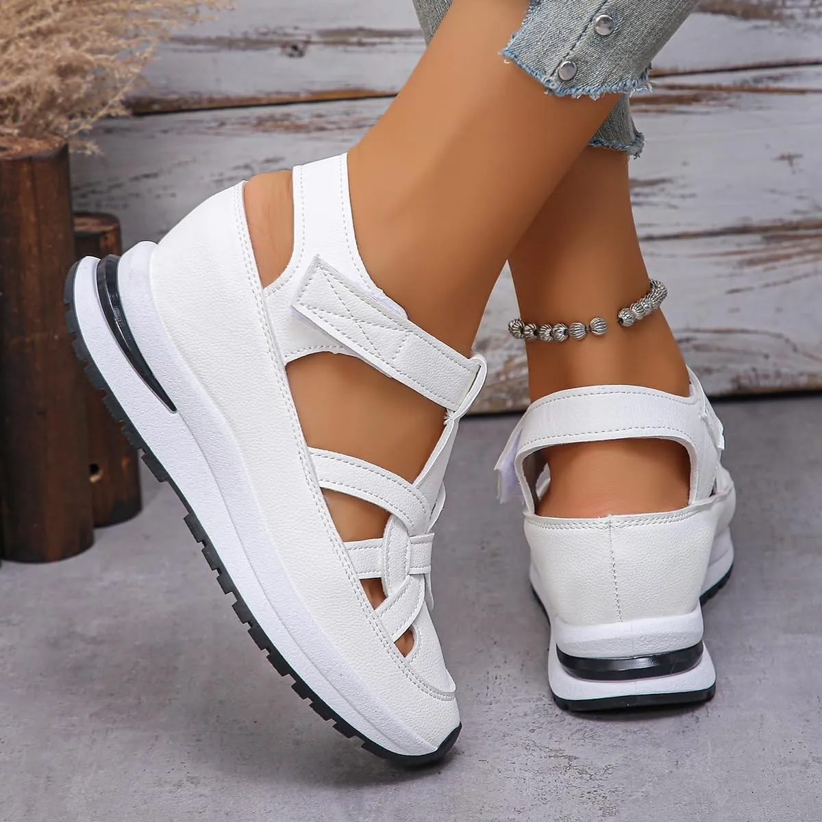 HUIQINGLI Hollow Out Breathable Platform Wedge Sandals Sneakers, Women's Leather Closed Toe Comfortable Casual Stylish Roman Sandals