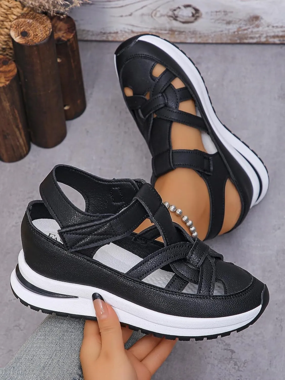 HUIQINGLI Hollow Out Breathable Platform Wedge Sandals Sneakers, Women's Leather Closed Toe Comfortable Casual Stylish Roman Sandals