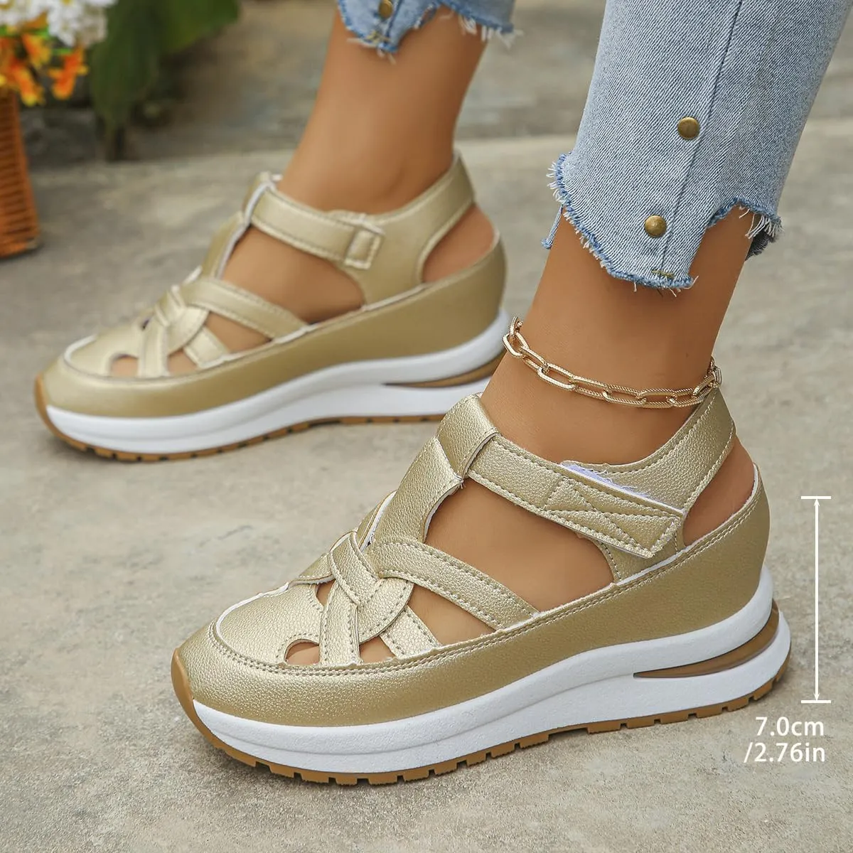 HUIQINGLI Hollow Out Breathable Platform Wedge Sandals Sneakers, Women's Leather Closed Toe Comfortable Casual Stylish Roman Sandals