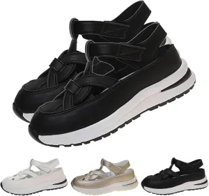 HUIQINGLI Hollow Out Breathable Platform Wedge Sandals Sneakers, Women's Leather Closed Toe Comfortable Casual Stylish Roman Sandals