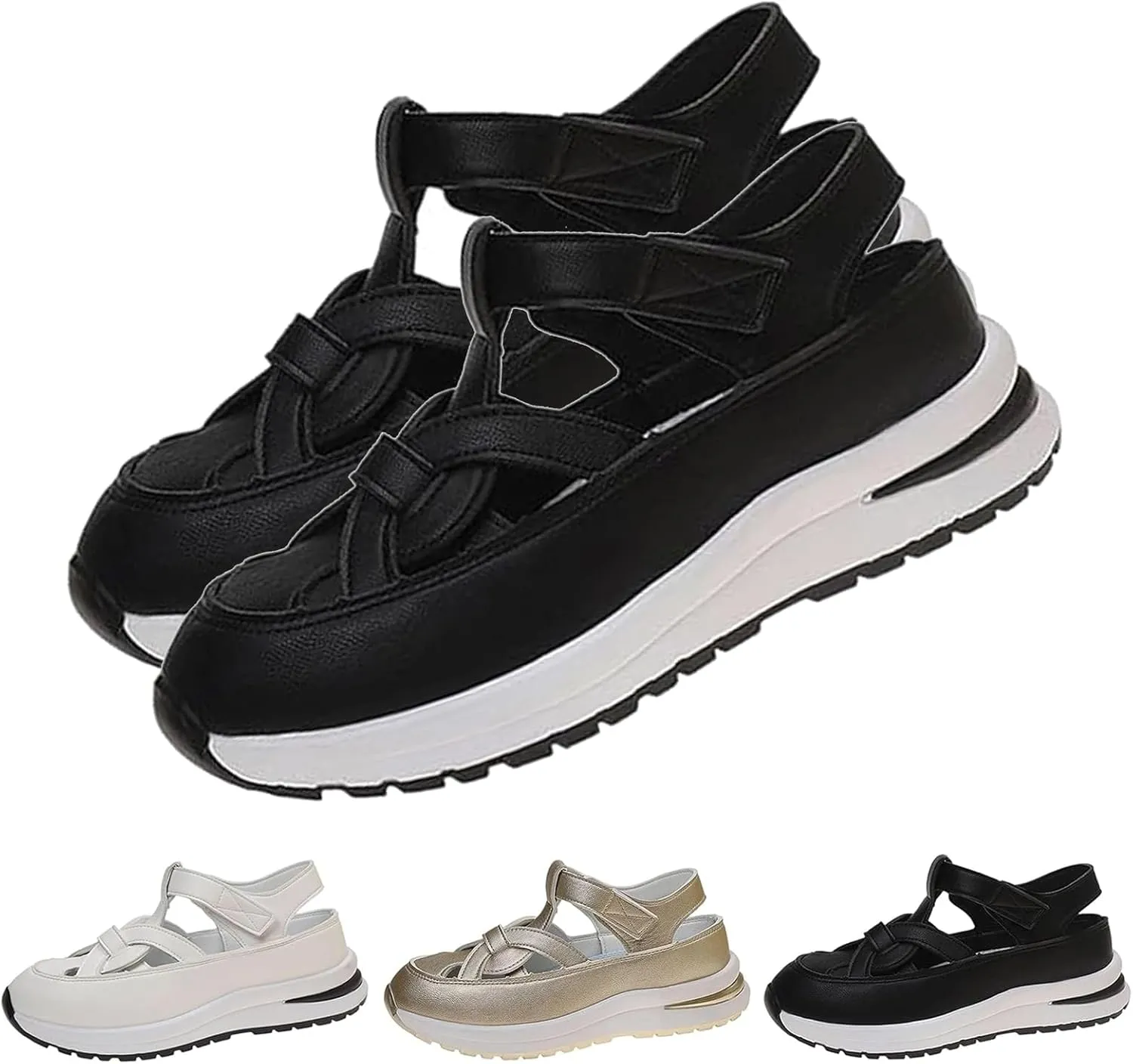 HUIQINGLI Hollow Out Breathable Platform Wedge Sandals Sneakers, Women's Leather Closed Toe Comfortable Casual Stylish Roman Sandals