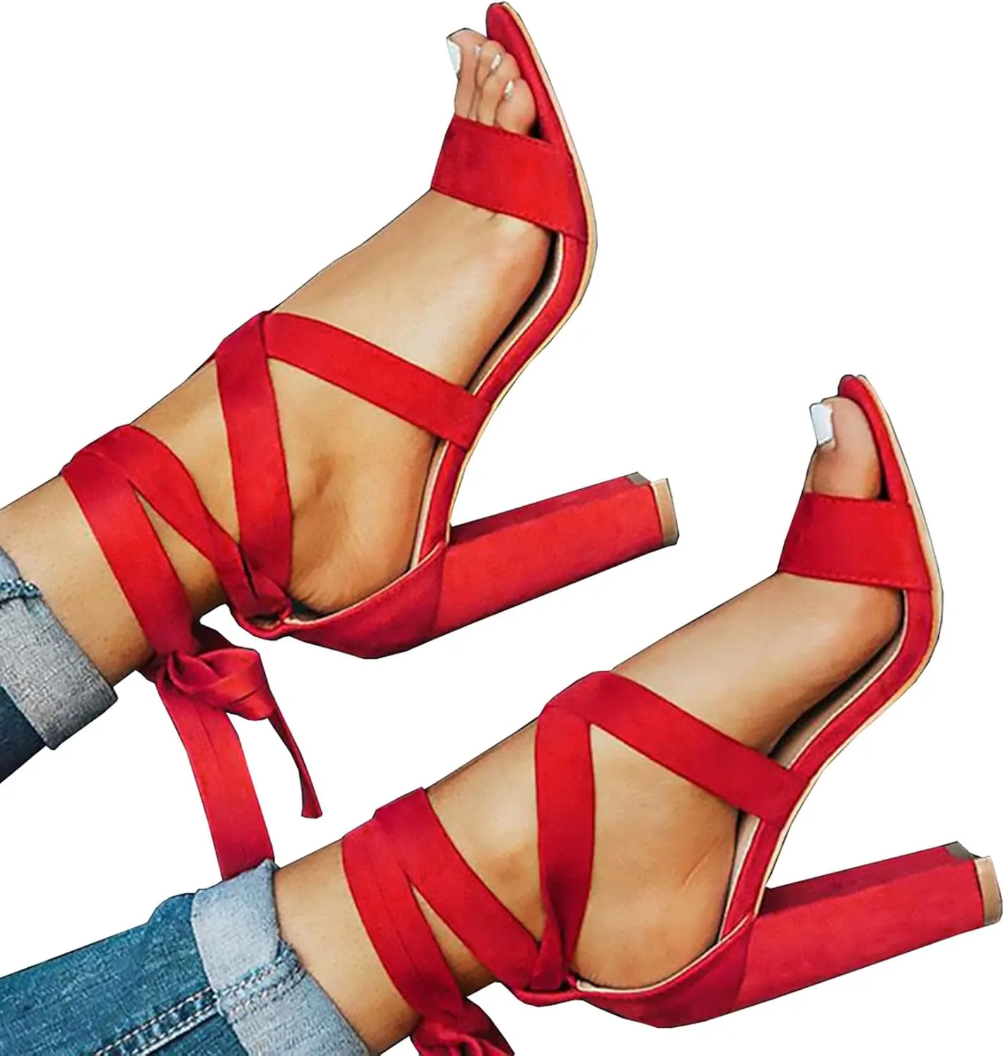 Huiyuzhi Womens Strappy Heels Lace up High Heeled Sandals Chunky Block Ankle Tie Pumps Dress Party Shoes