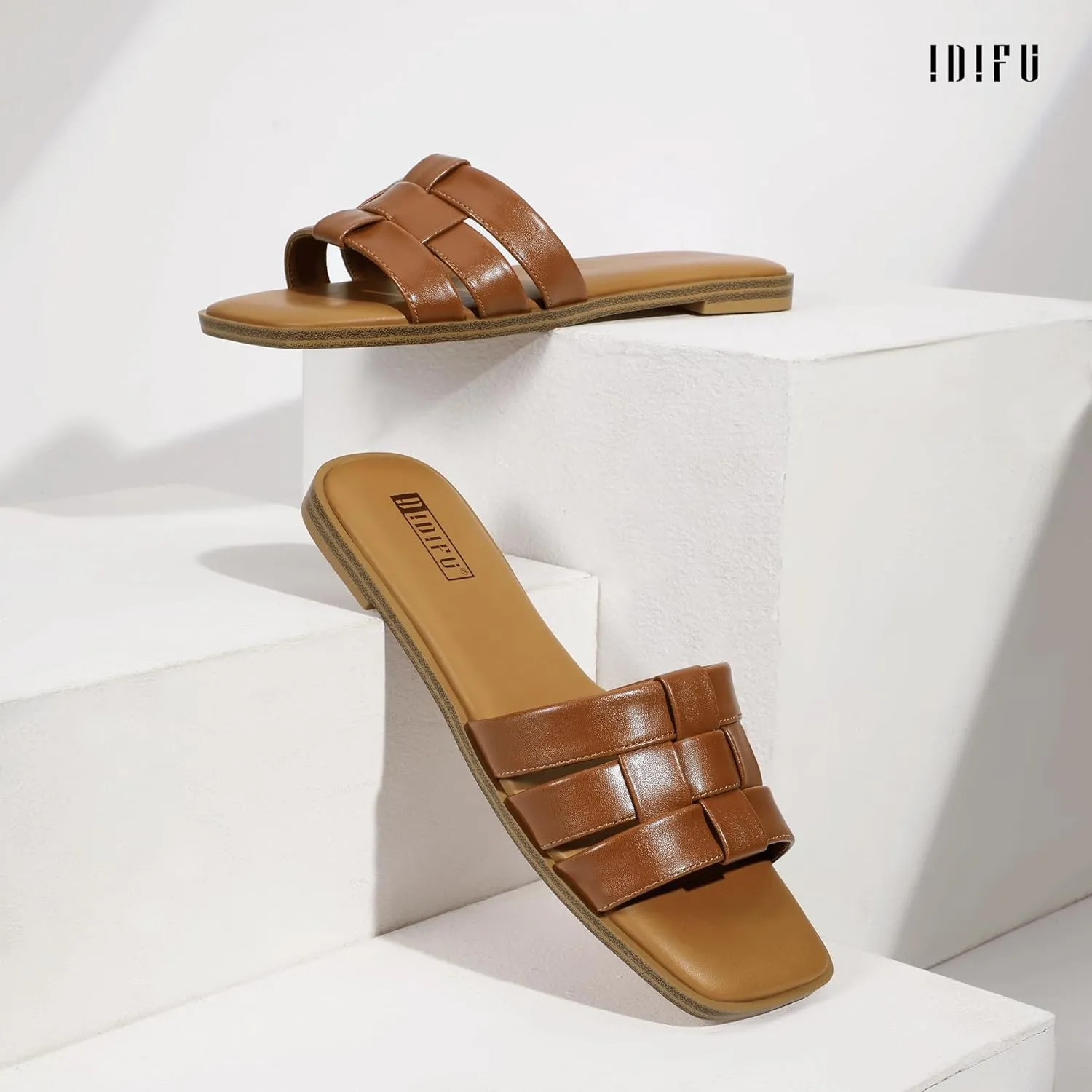 IDIFU Braided Flat Sandals for Women Square Open Toe Slip On Slide Sandals Backless Strappy Dress Sandals for Ladies Brides Summer Beach Wedding Dressy Casual Comfortable Trendy Cute Slides Sandals